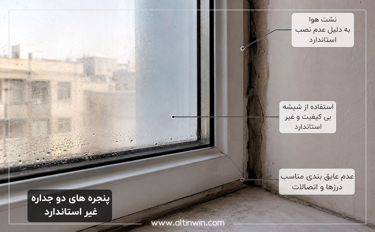 نشت هوا، عدم عایق بندی و استفاده از شیشه نا مناسب از علائم استاندارد نبون پنجره دو جداره